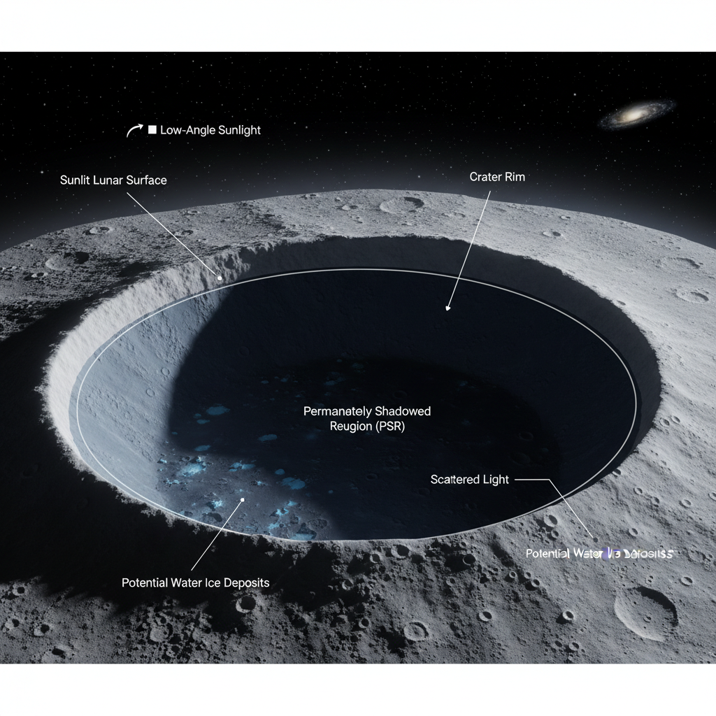 Este infográfico ilustra uma Região Permanentemente Sombreada (PSR) em um polo lunar, destacando como a inclinação axial mínima da Lua cria áreas que nunca recebem luz solar direta, tornando-as potenciais reservatórios de gelo de água.
