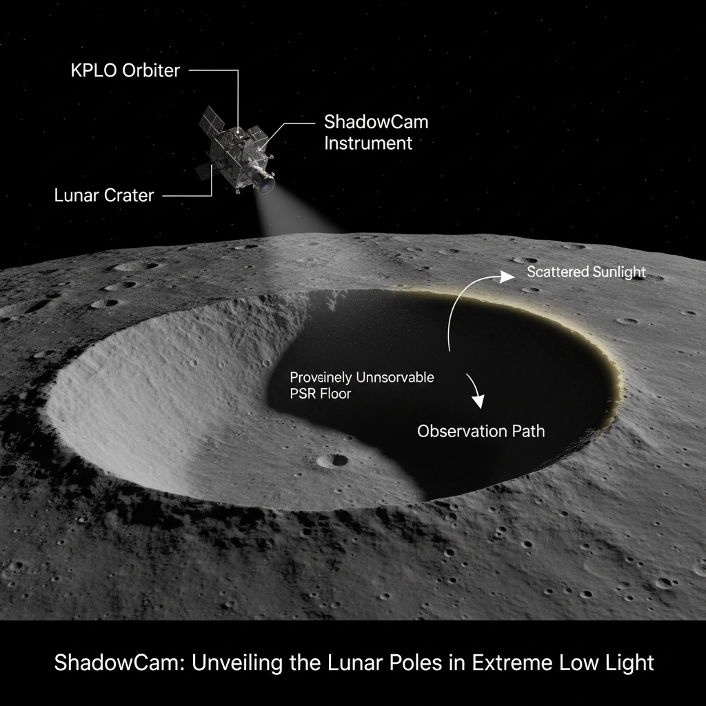 O infográfico detalha a sonda KPLO e seu instrumento ShadowCam, projetado para capturar imagens de alta resolução de regiões lunares permanentemente sombreadas, utilizando a luz difusa para revelar detalhes antes invisíveis.