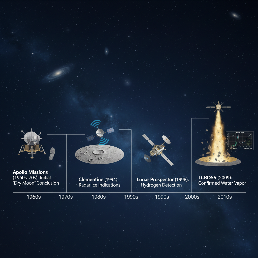 Este infográfico resume a cronologia da busca por água na Lua, desde as análises iniciais das missões Apollo até as descobertas revolucionárias da LCROSS, que confirmaram a presença de vapor d'água.