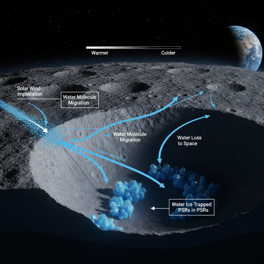O infográfico demonstra o ciclo dos voláteis de água na Lua, explicando como as moléculas de água podem ser implantadas pelo vento solar, migrar pela superfície e ficar presas como gelo em regiões permanentemente sombreadas.