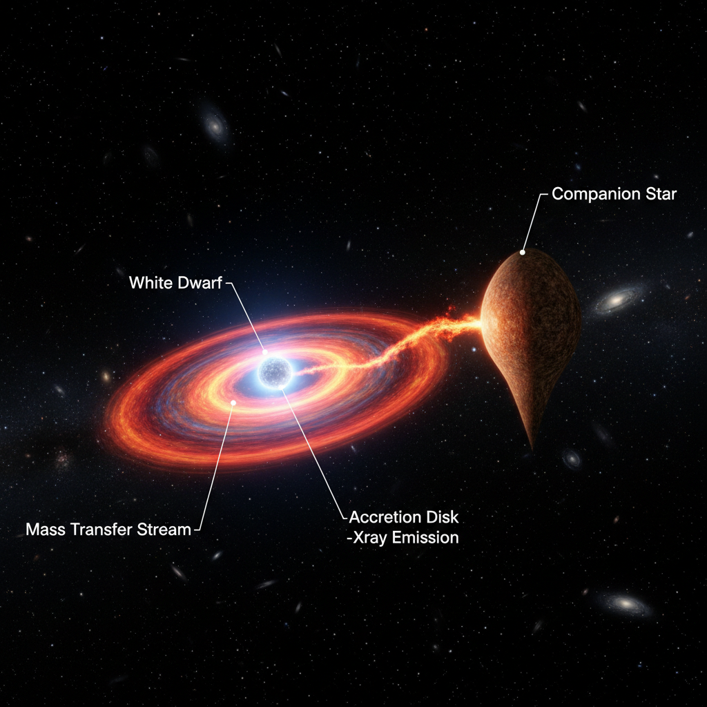 Visualização de um sistema binário clássico onde uma anã branca 'vampiriza' material de uma estrela companheira, formando um disco de acreção que emite raios-X, um processo fundamental na astrofísica binária.