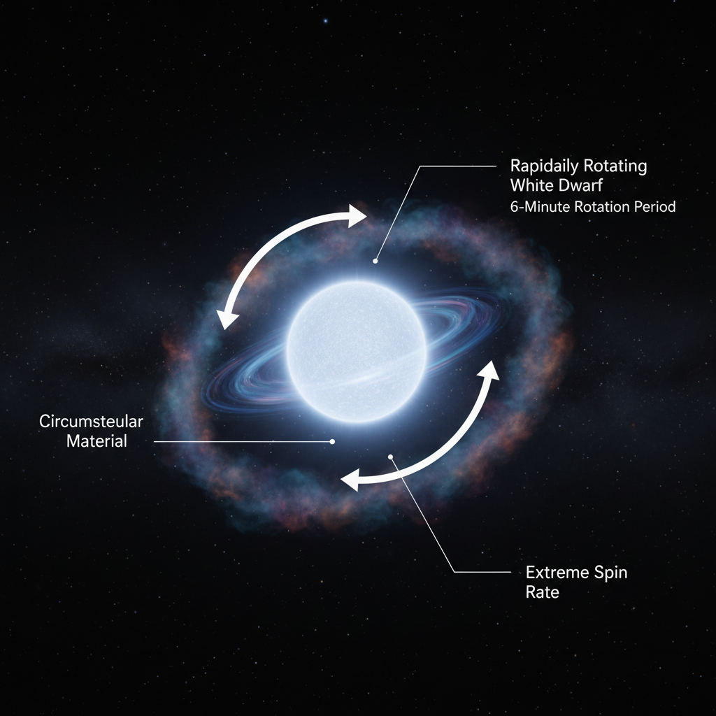 Gandalf, uma anã branca resultante de uma fusão estelar, desafia as expectativas com sua rotação ultrarrápida e a presença de material circunstelar sem uma estrela companheira visível, indicando um novo tipo de remanescente estelar.