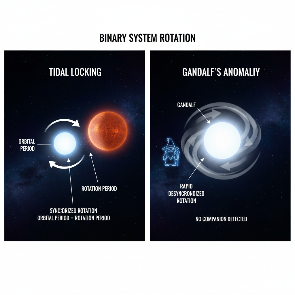 Este infográfico compara a rotação sincronizada em sistemas binários, como na Terra e Lua, com a rotação anômala e dessincronizada de Gandalf, que gira a cada seis minutos sem uma companheira detectável.