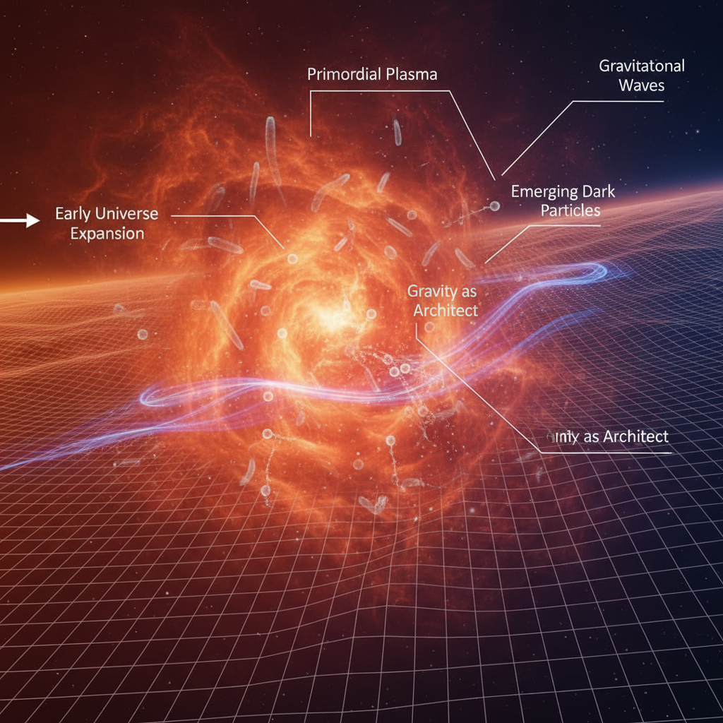 Visualização do universo primordial, onde ondas gravitacionais podem ter catalisado a formação da matéria escura a partir de um plasma quente em expansão, antes mesmo do surgimento das primeiras estrelas.