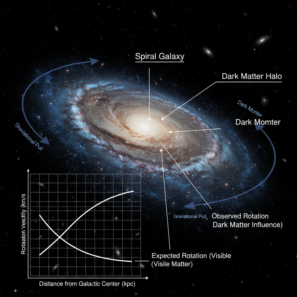 Este infográfico demonstra a evidência gravitacional da matéria escura, que explica a discrepância entre a velocidade de rotação observada das galáxias e a velocidade esperada apenas pela matéria visível.