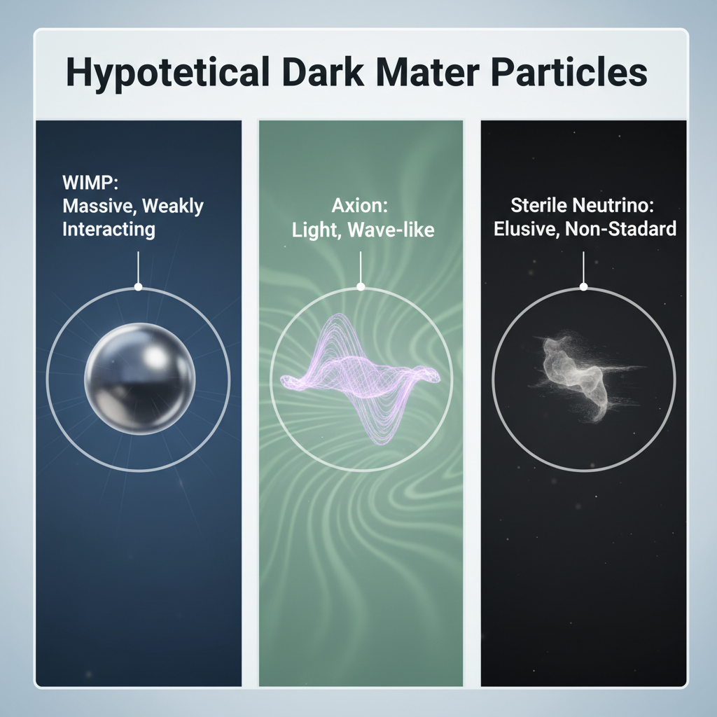Uma comparação visual dos principais candidatos à matéria escura, incluindo WIMPs, áxions e neutrinos estéreis, destacando suas propriedades hipotéticas e a dificuldade de detecção.