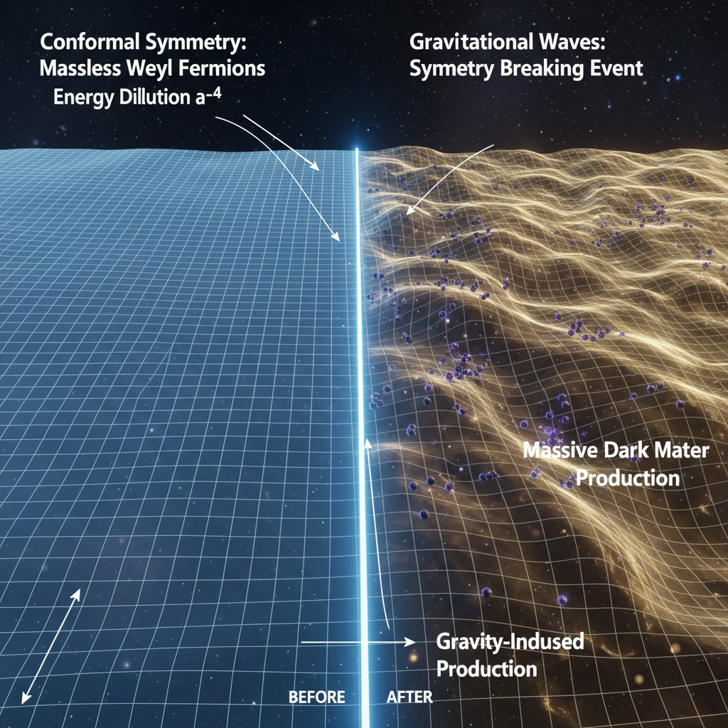 Este infográfico ilustra como a quebra da simetria conforme por ondas gravitacionais no universo primordial pode ter permitido a produção eficiente de partículas de matéria escura, como os férmions de Weyl.