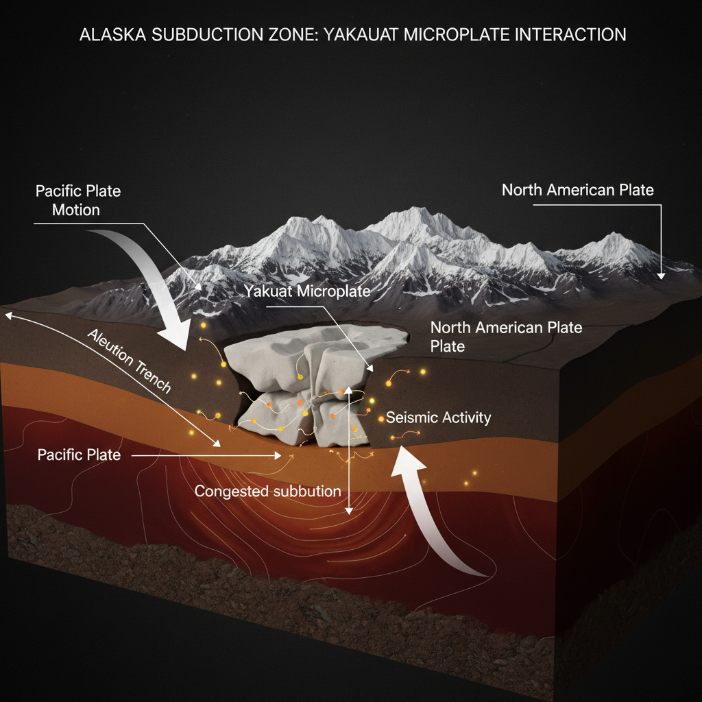 Este infográfico científico ilustra a complexa subducção da microplaca de Yakutat, anormalmente espessa, sob a Placa Norte-Americana no Alasca, um processo que molda a geologia e a sismicidade da região.