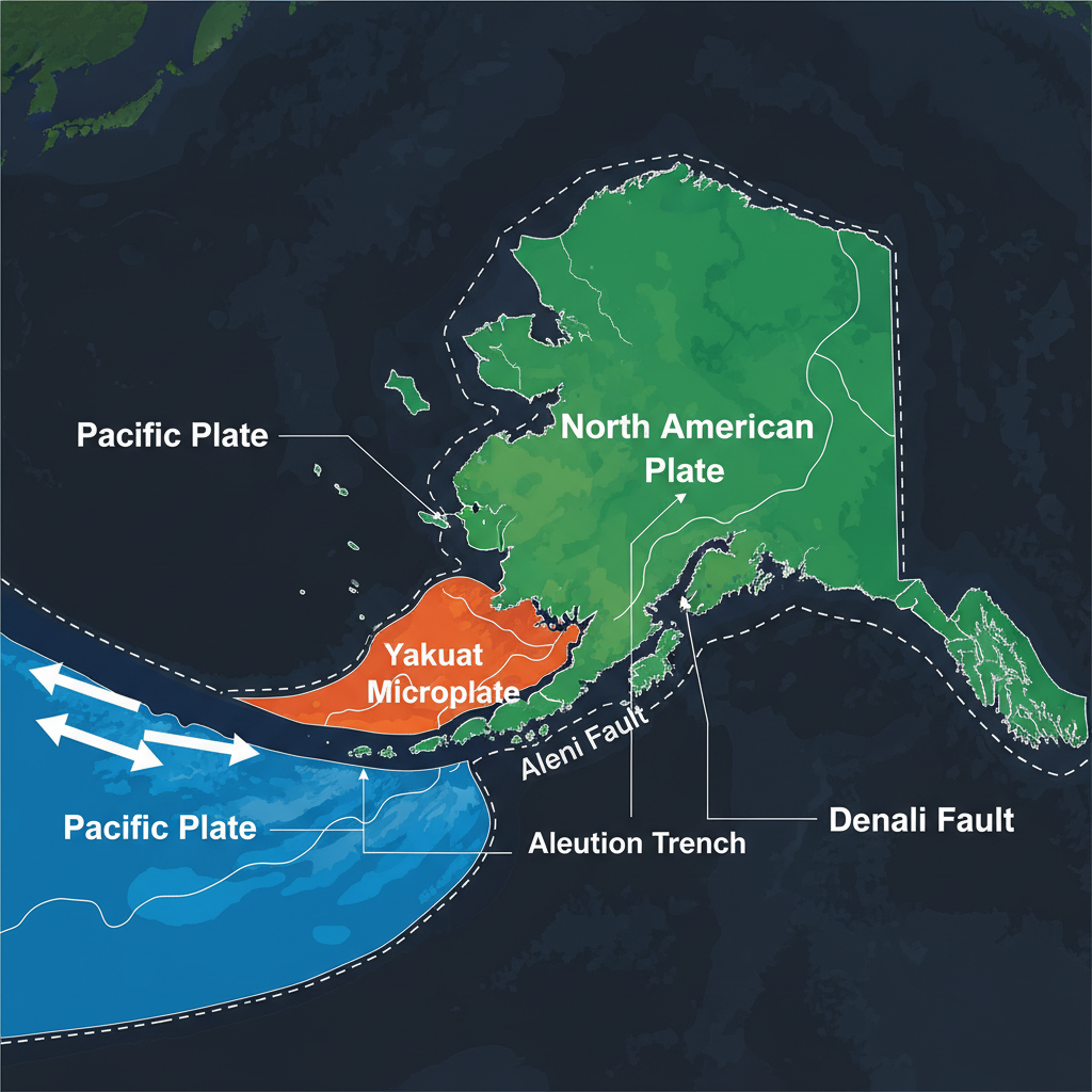 Um mapa infográfico detalha a convergência de três placas tectônicas – Pacífico, Norte-Americana e Yakutat – no Alasca, destacando as forças geológicas que geram terremotos e vulcões.