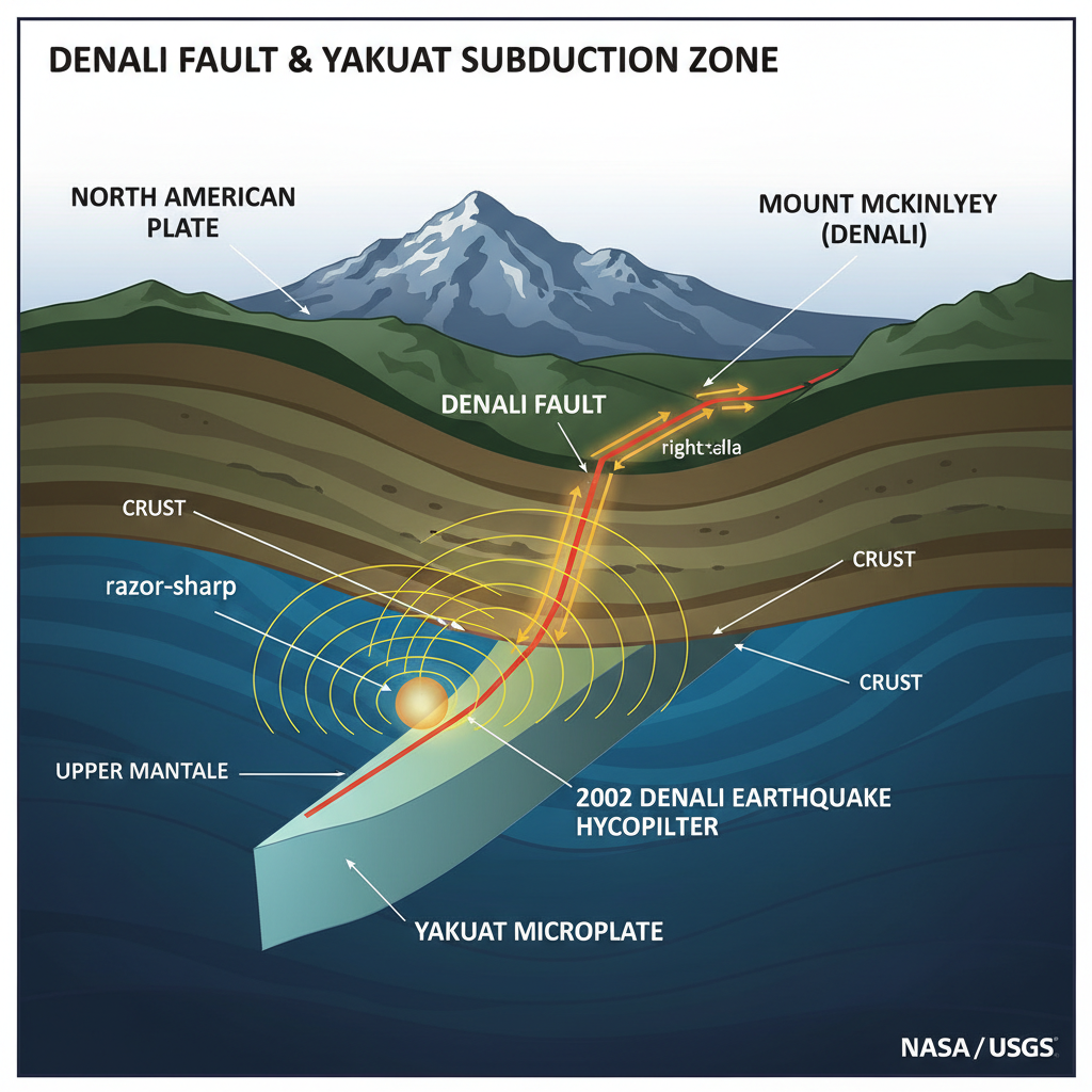 Este infográfico ilustra como o terremoto da Falha Denali de 2002 e a complexa interação com a subdução da Placa Yakutat revelam a anatomia sísmica do Alasca central.