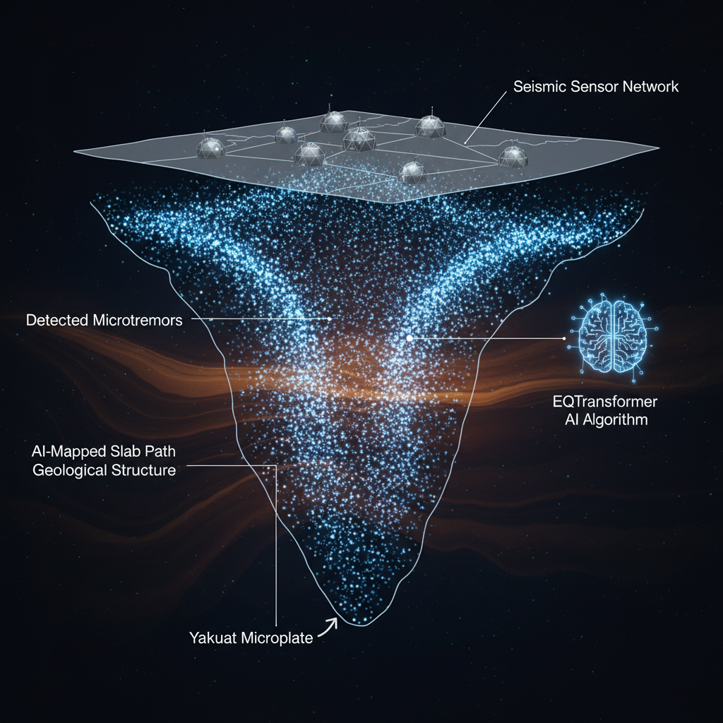 Um infográfico visualiza como milhares de microtremores, detectados por algoritmos de IA, criam um 'retrato sísmico' detalhado da forma e extensão da placa de Yakutat sob o Alasca.