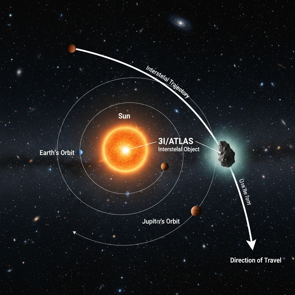Este infográfico ilustra a trajetória do objeto interestelar 3I/ATLAS através do nosso sistema solar, destacando sua origem extrassolar. Tais objetos oferecem uma oportunidade única para estudar materiais de outros sistemas estelares.