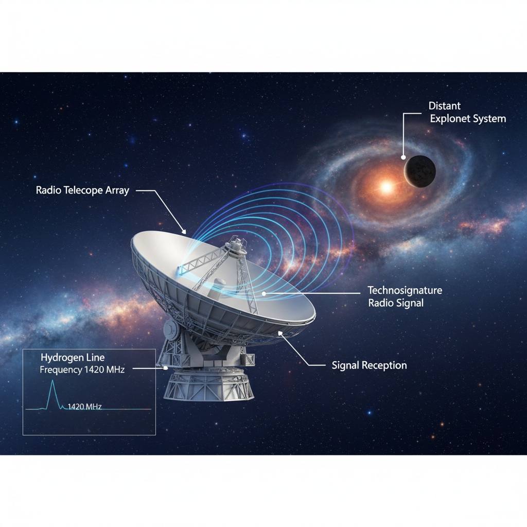 O infográfico detalha como os radiotelescópios são utilizados na busca SETI, focando na detecção de tecnossinaturas em frequências específicas, como a linha de hidrogênio de 1420 MHz, considerada uma 'linguagem universal'.