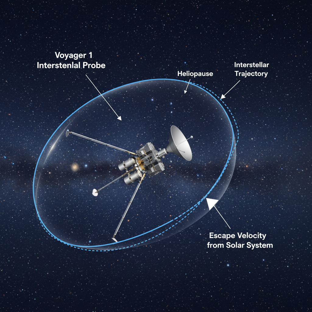 Este diagrama conceitual visualiza as sondas Voyager como os primeiros artefatos interestelares da humanidade, navegando pelo espaço profundo e potencialmente servindo como 'mensagens em uma garrafa' para civilizações extraterrestres.