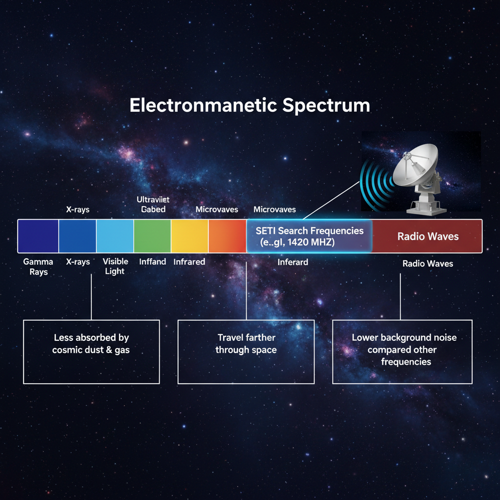 O infográfico ilustra o espectro eletromagnético, destacando a região das ondas de rádio como o meio ideal para a comunicação interestelar devido à sua capacidade de atravessar o gás e a poeira cósmica com pouca atenuação.