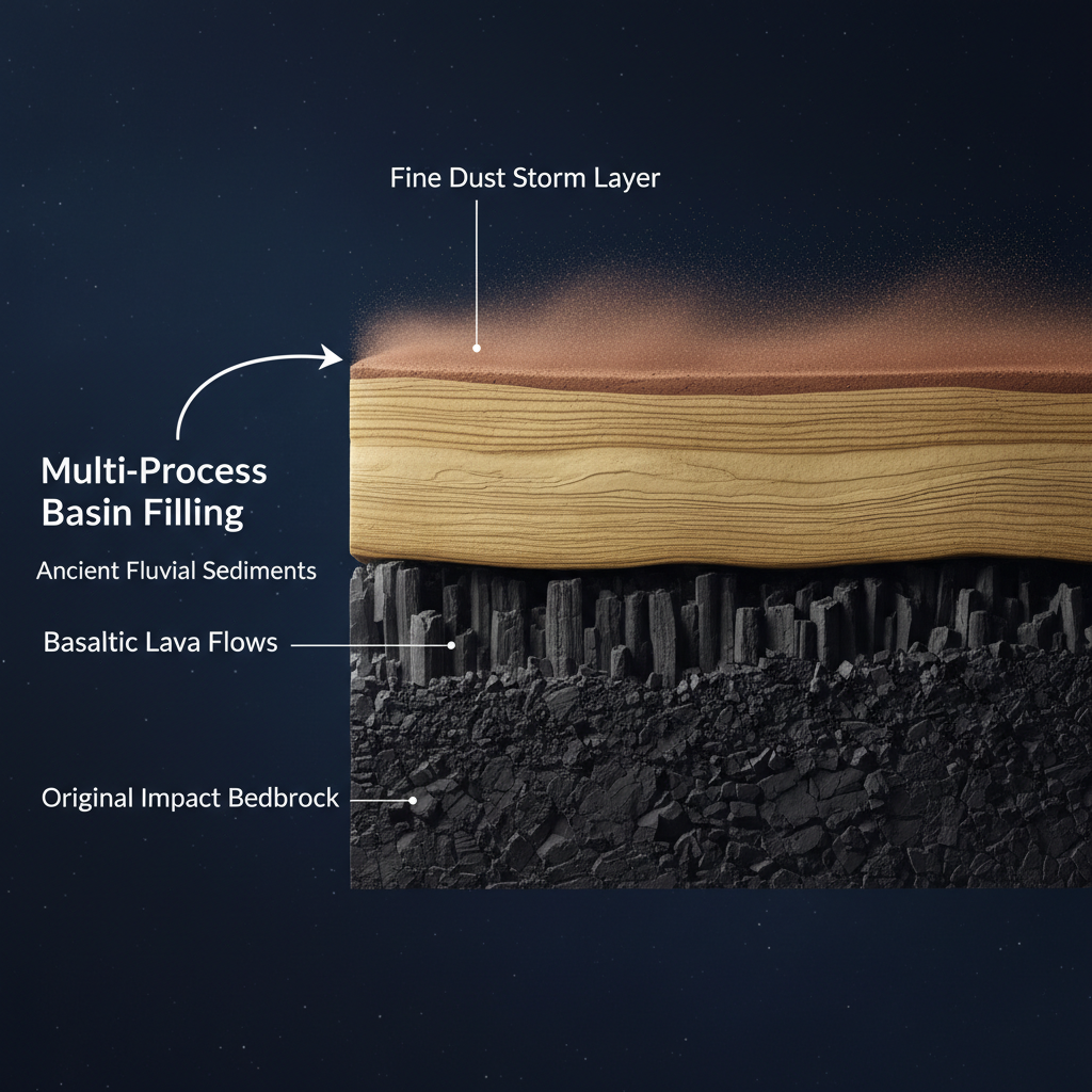 O relevo plano da cratera resulta de uma complexa sinergia entre tempestades de poeira, depósitos fluviais antigos e fluxos massivos de lava basáltica.