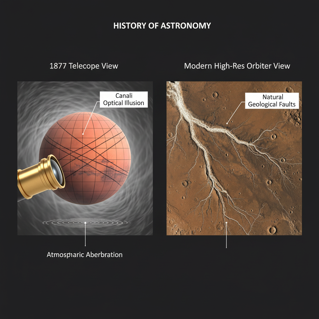 O termo canali cunhado por Giovanni Schiaparelli em 1877 descrevia veios geológicos naturais, mas traduções imprecisas geraram o mito de canais artificiais.