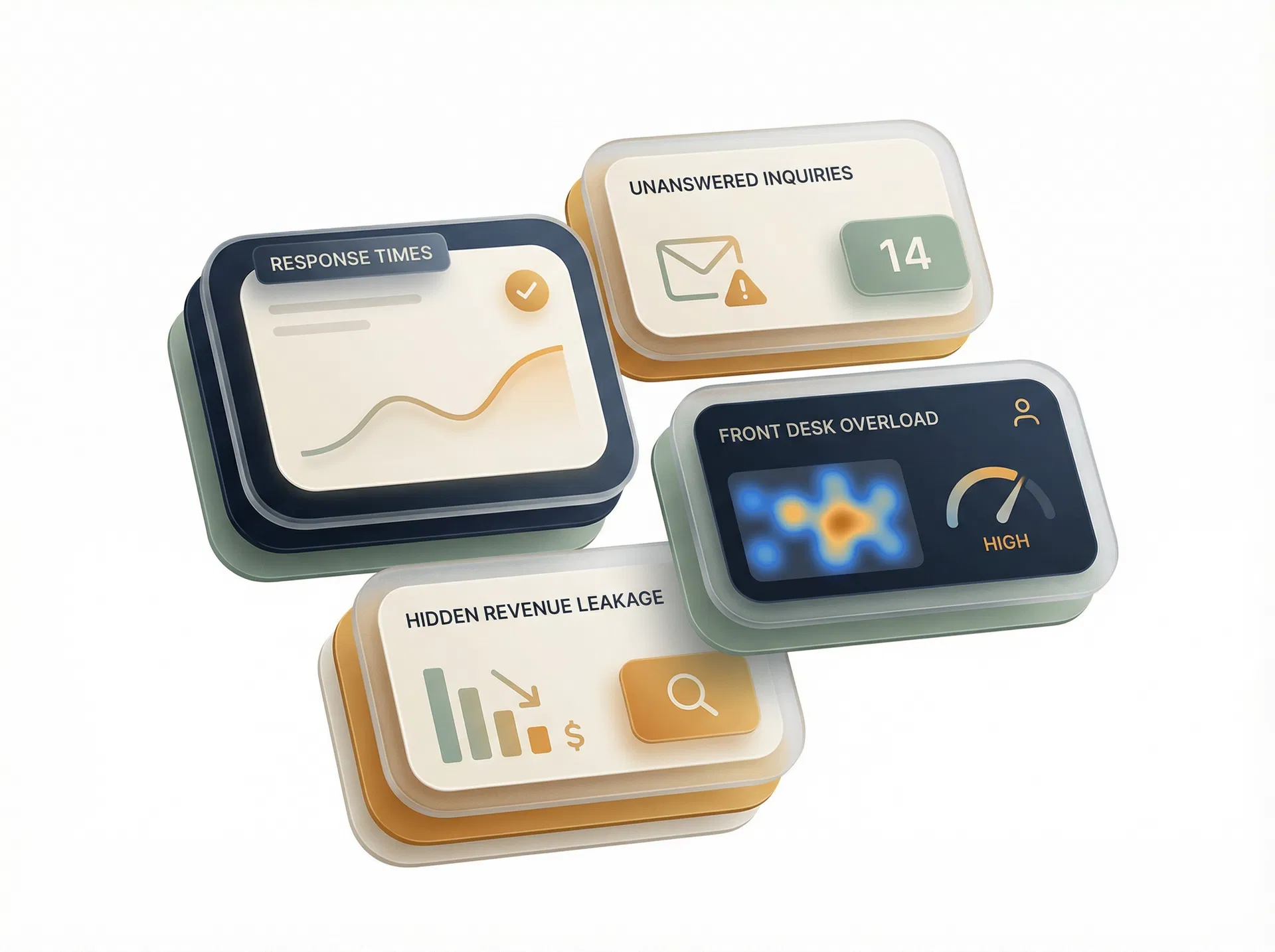 Luxury diagnostic cards showing hidden revenue leakage, response times, and front desk overload