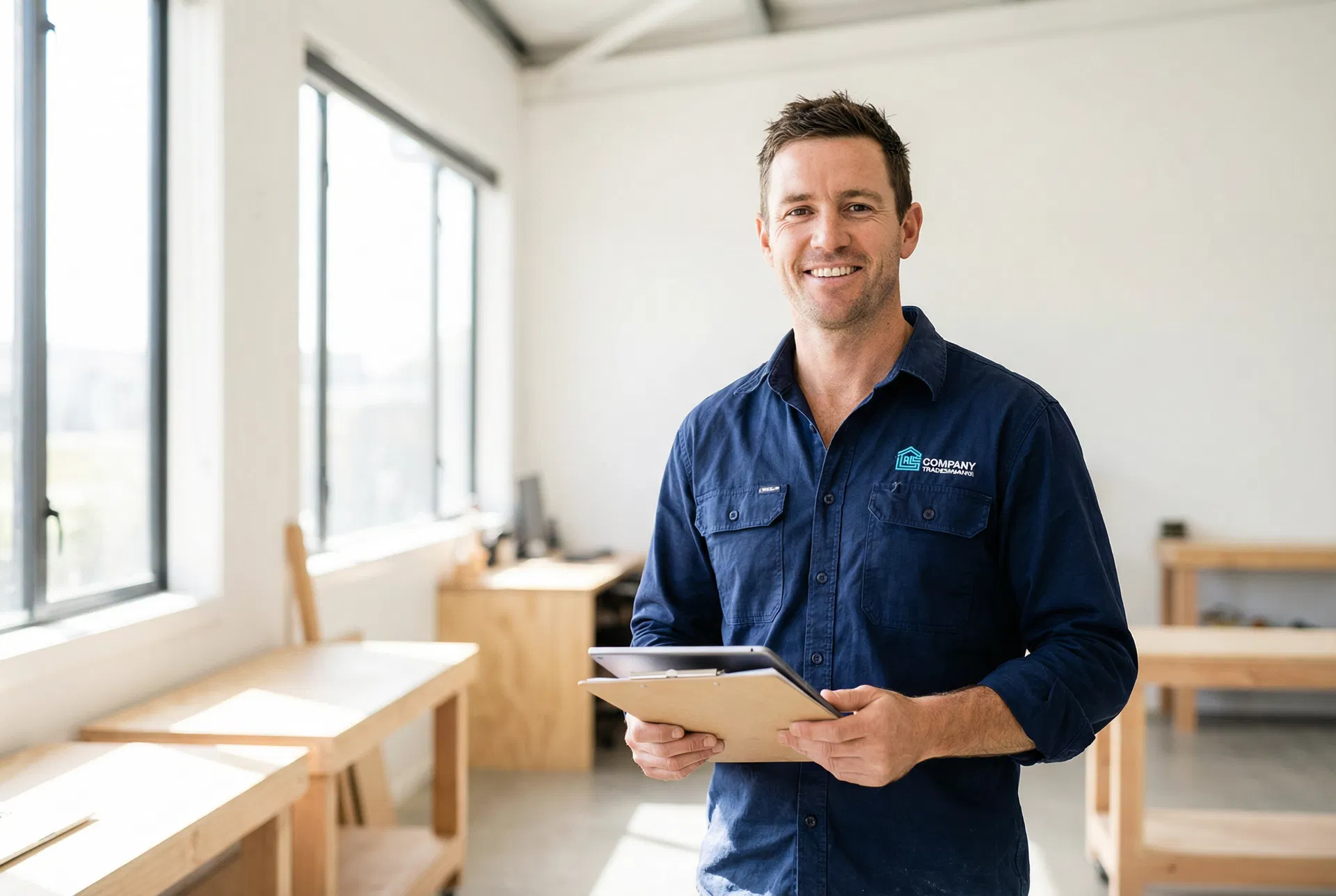 Confident NZ tradie with tablet