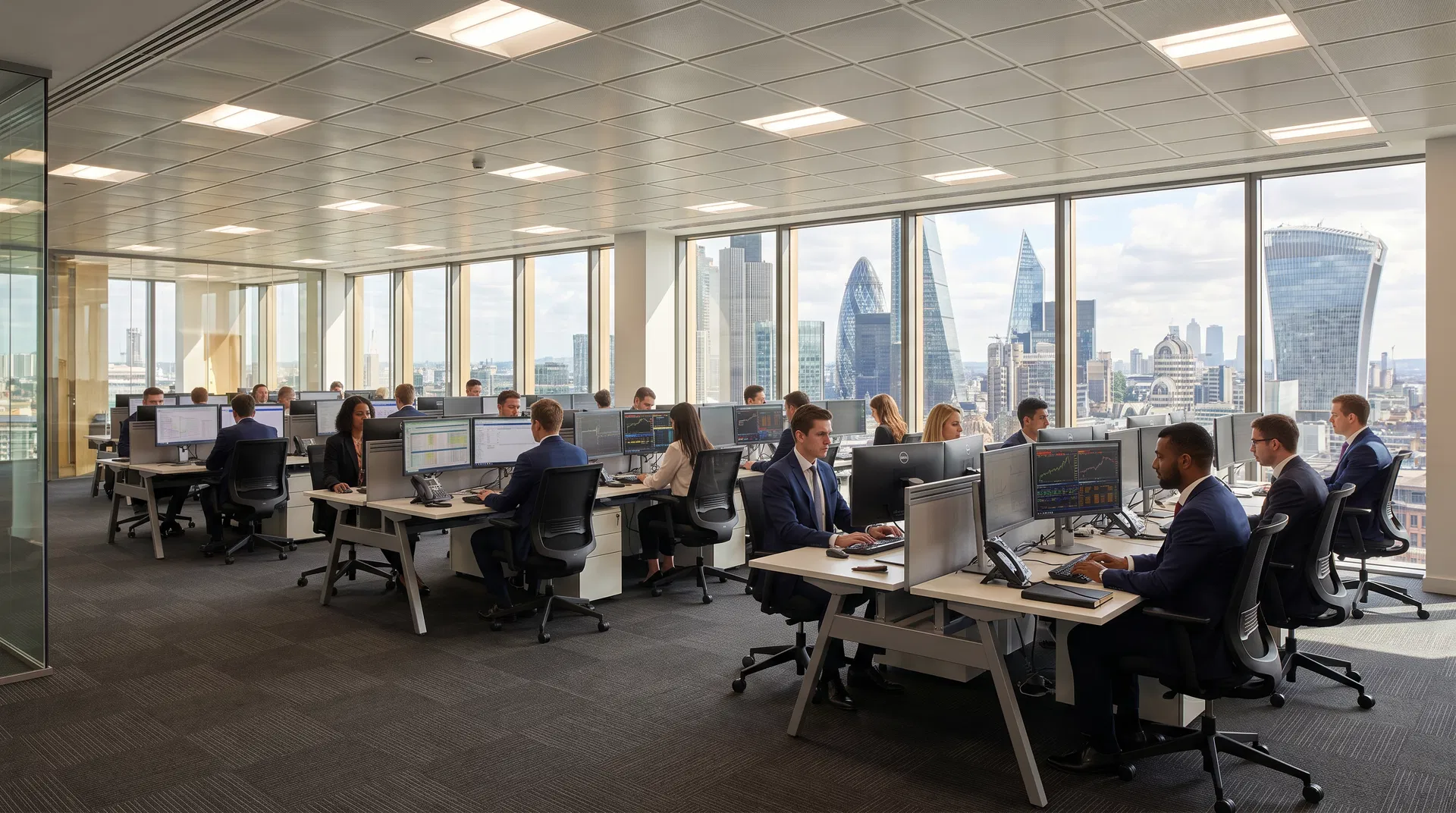 Financial services professionals working at desks in a London City office