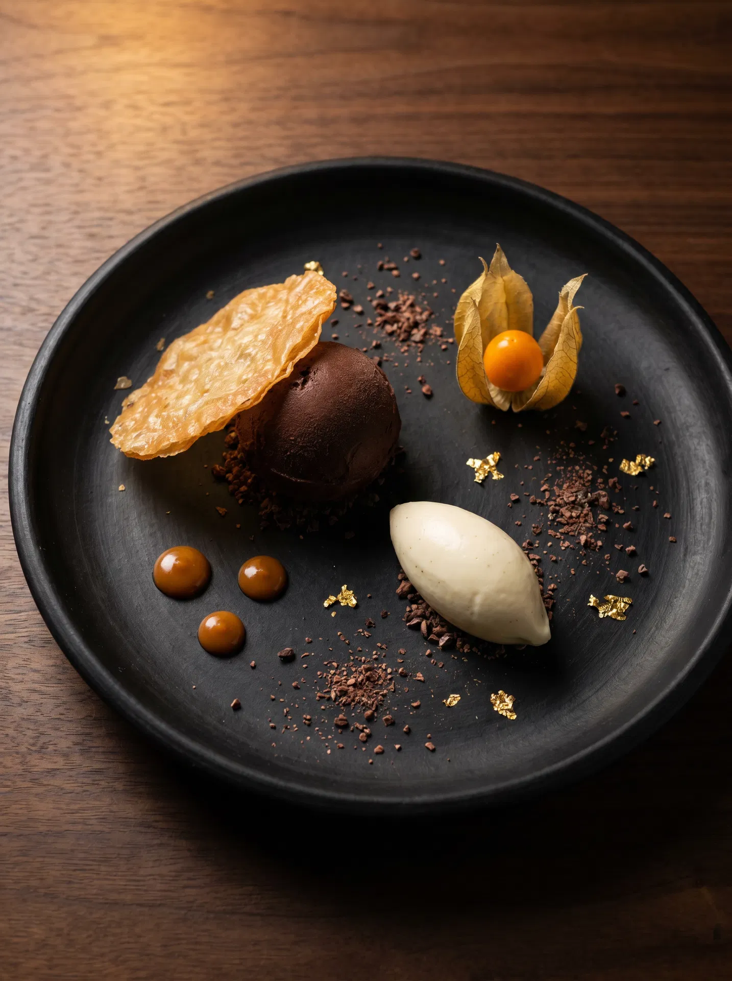 Postre del menú Códice de Habaneros Catering: cacao criollo de Tabasco en cuatro texturas — menú firma de catering mexicano en Madrid desde 50 € por persona