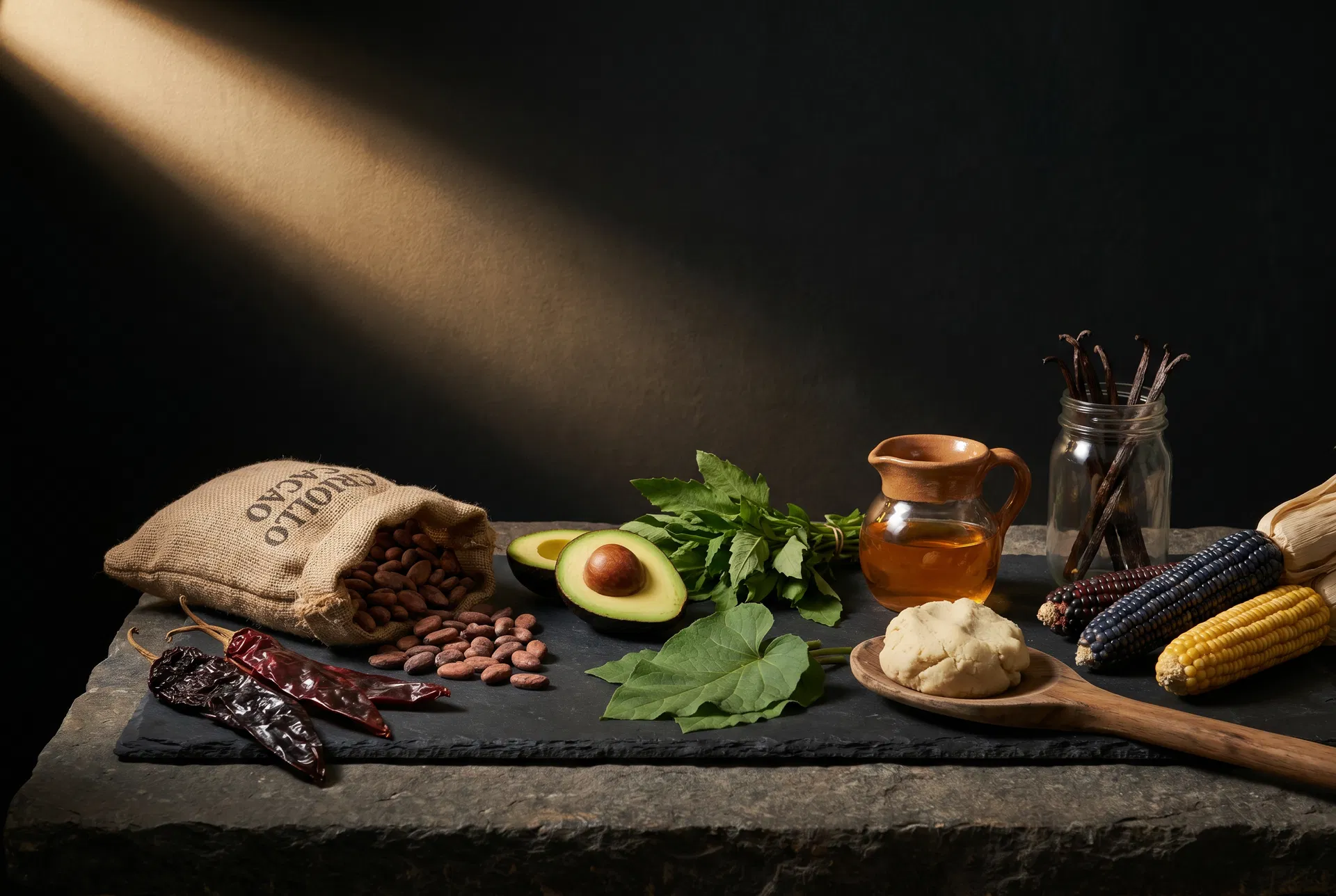 Bodegón de ingredientes mexicanos: chiles secos guajillo y ancho, cacao criollo, vainilla de Papantla, masa de maíz nixtamalizado y aguacate — base de la cocina de Habaneros Catering en Madrid