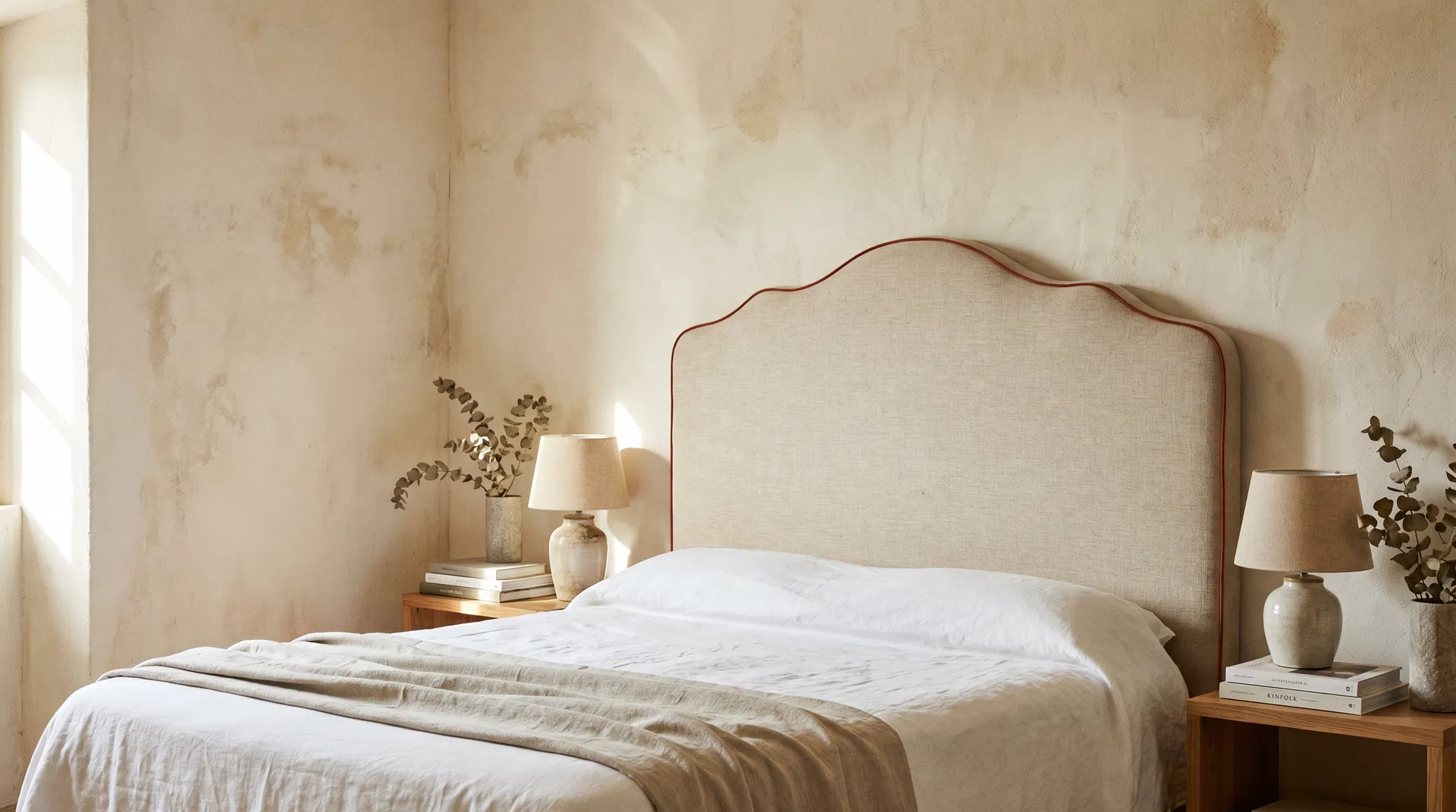 Cabecero tapizado artesanal Casa Maranzza en un dormitorio mediterráneo