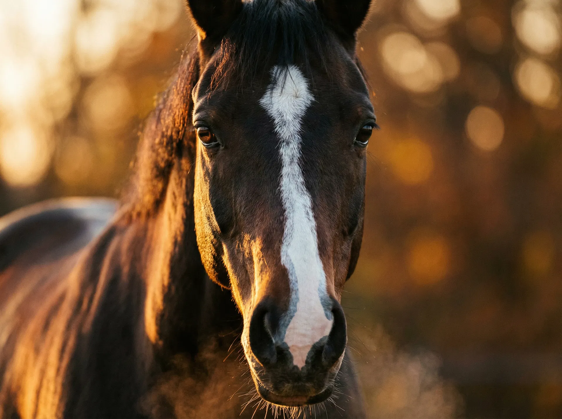 Close-up portrait of a dark bay horse with soulful eyes