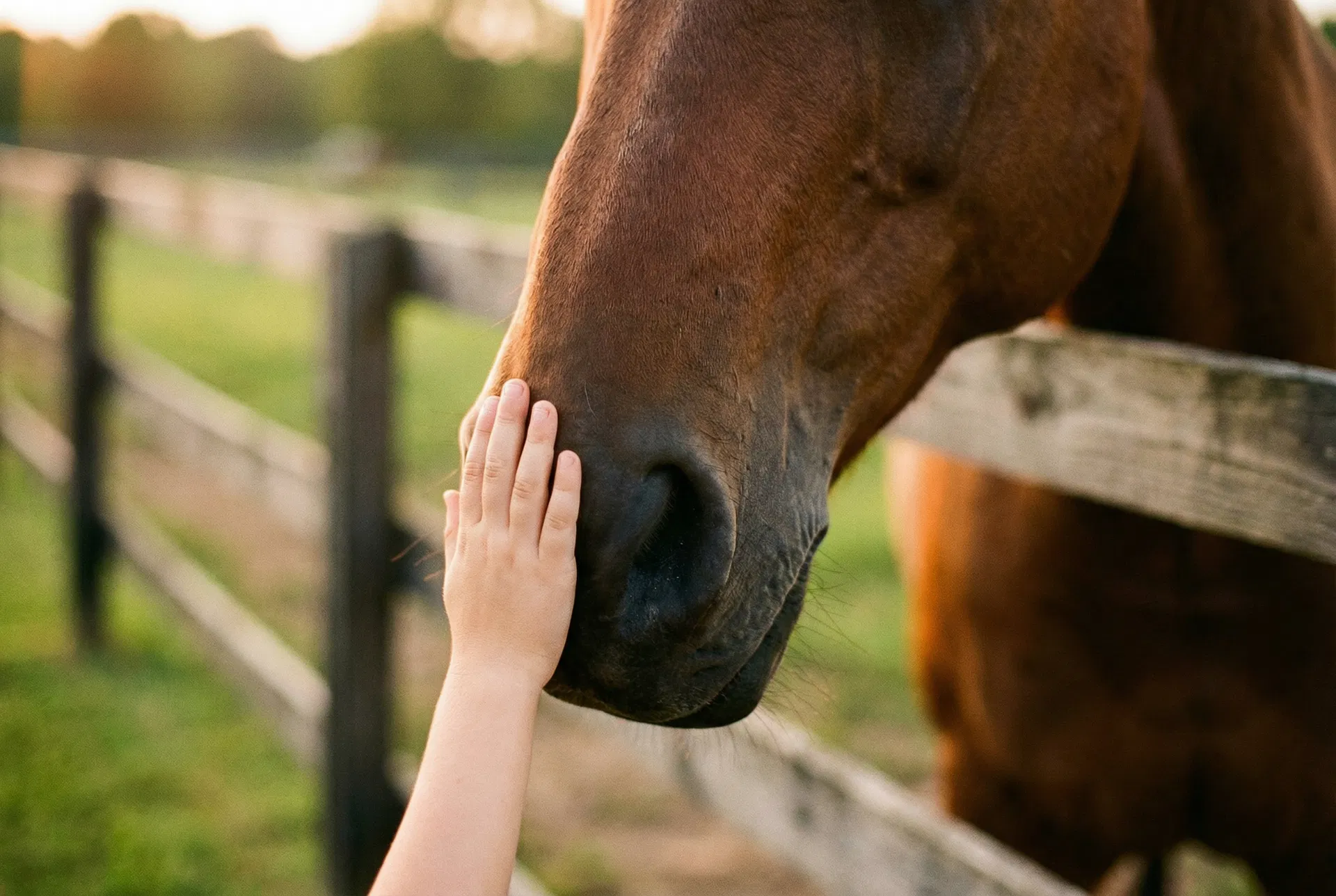 Child gently touching a horse's nose