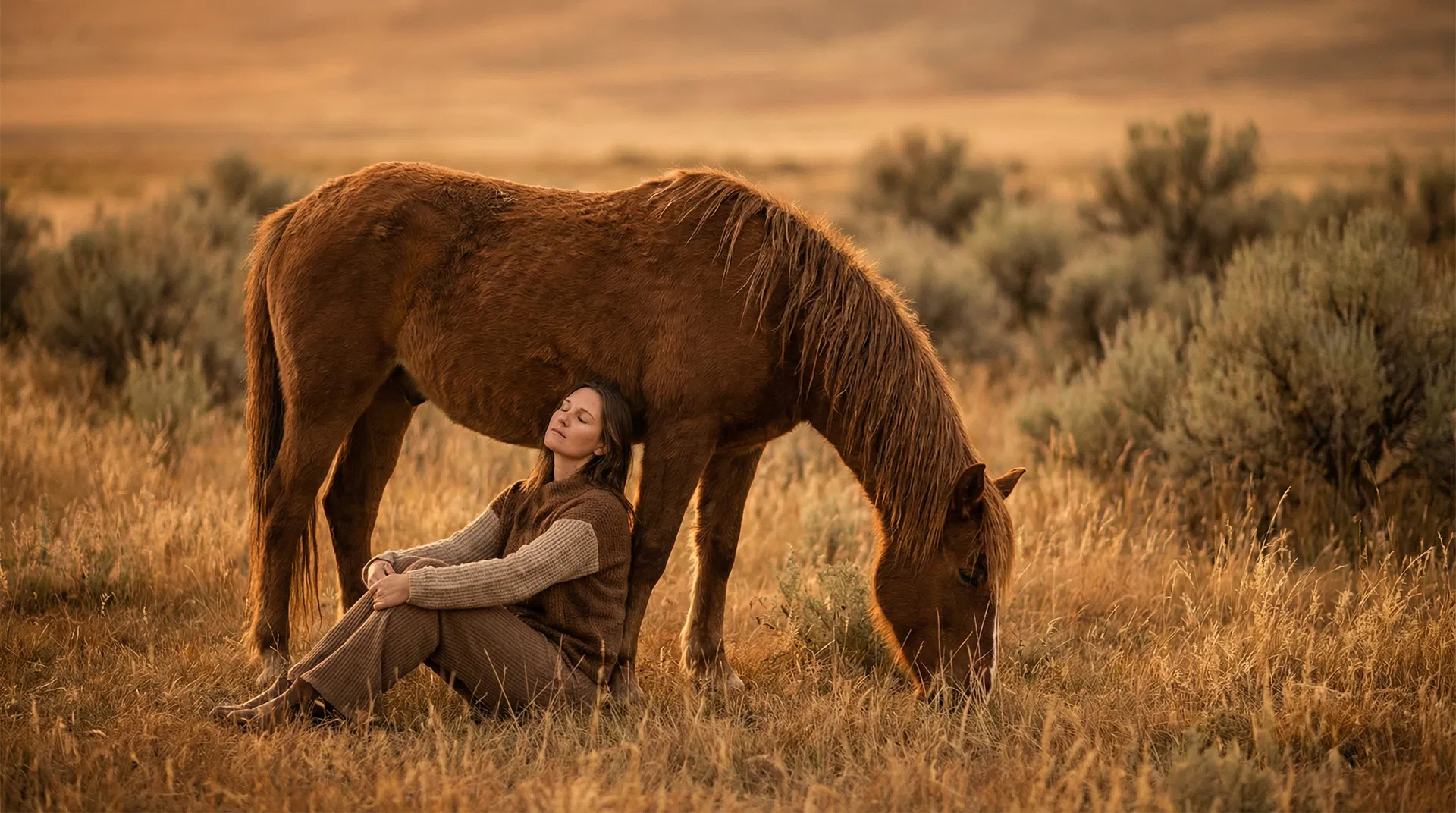 Woman sitting peacefully beside a horse in a golden pasture