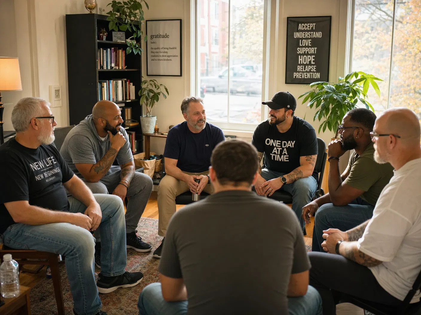 Men in a recovery support group meeting