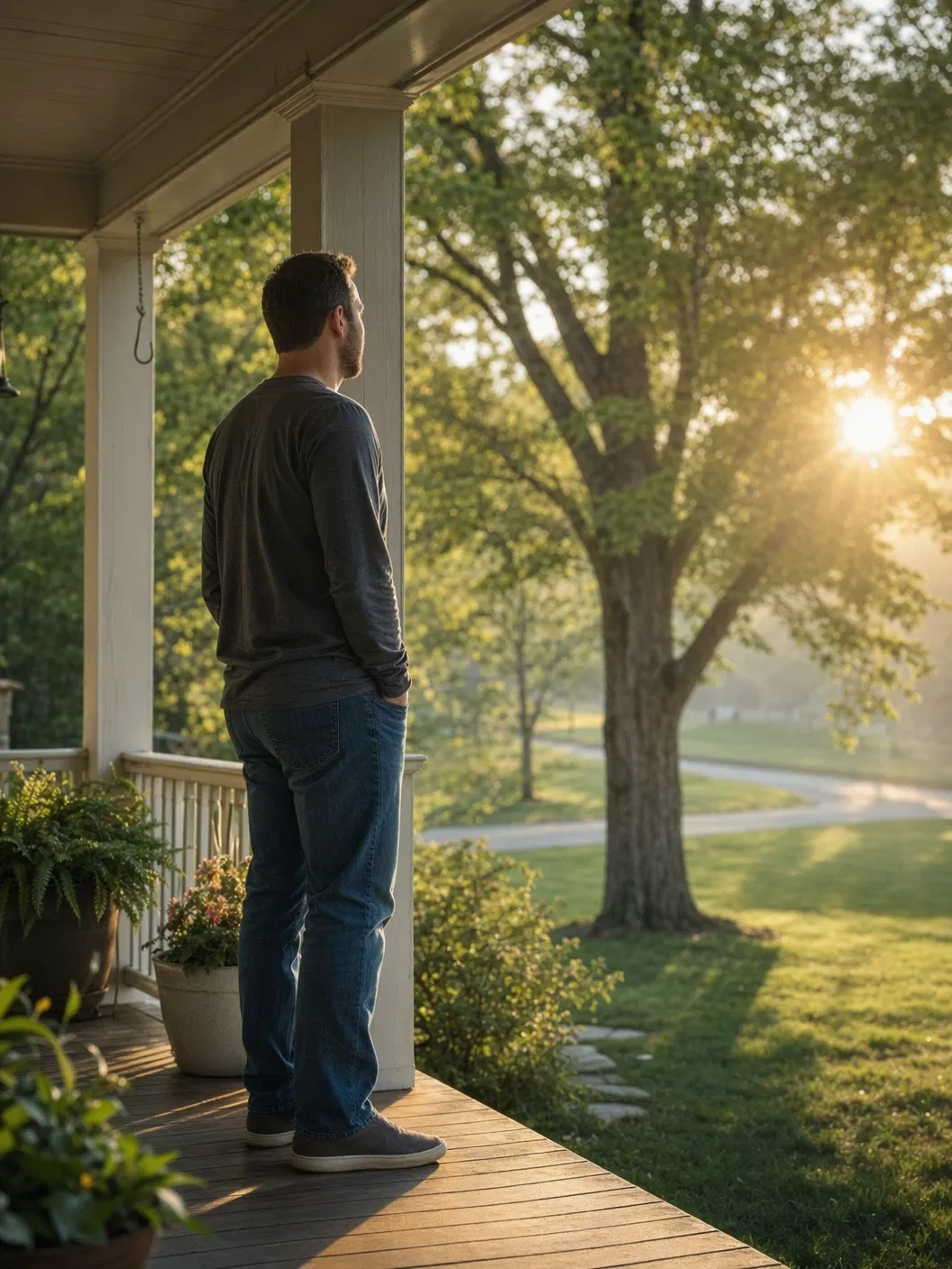 A man on the porch of the sober living home, looking toward a hopeful future