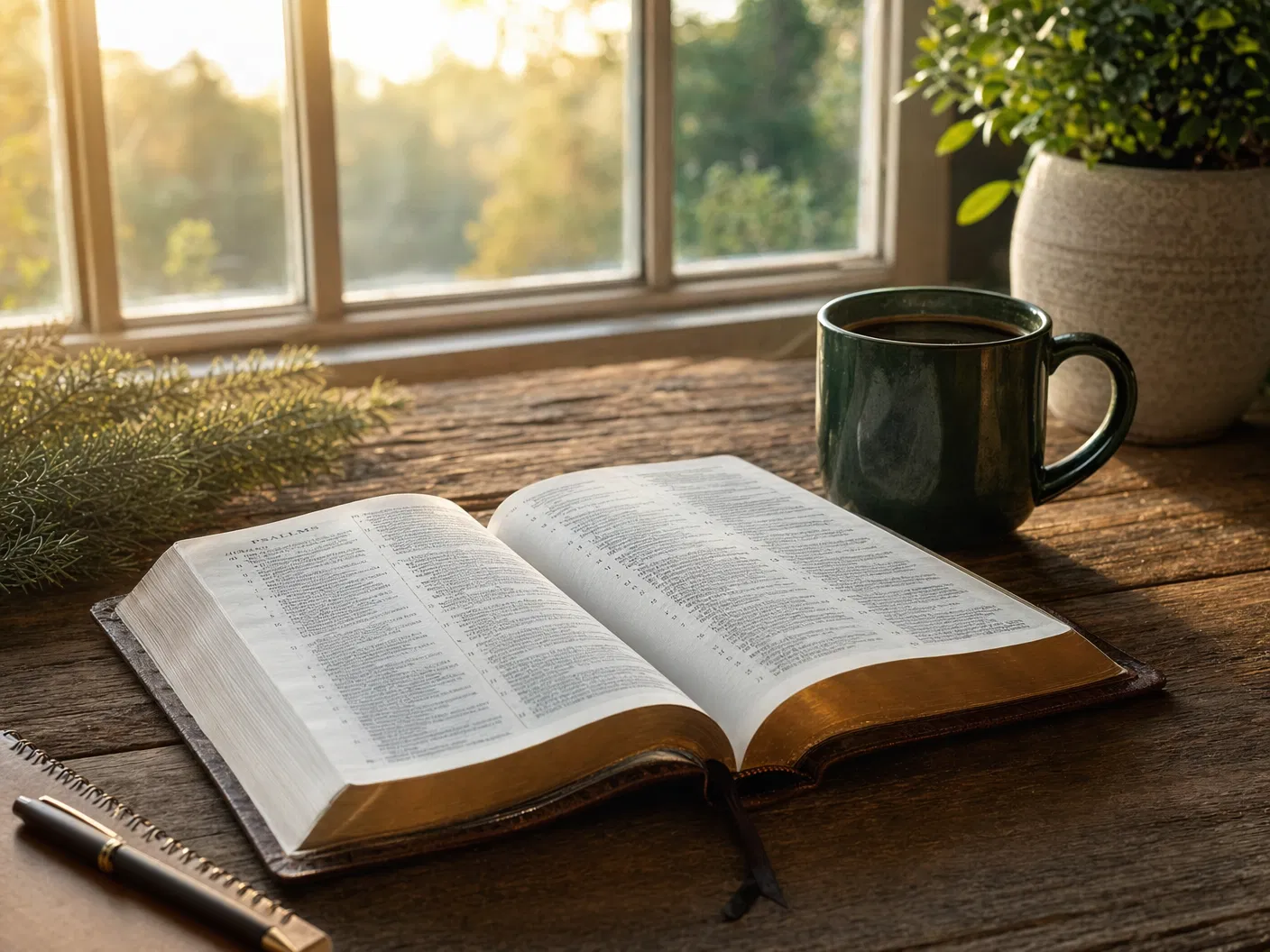 Open Bible and coffee — faith-based foundation of Bennie's Recovery Residence