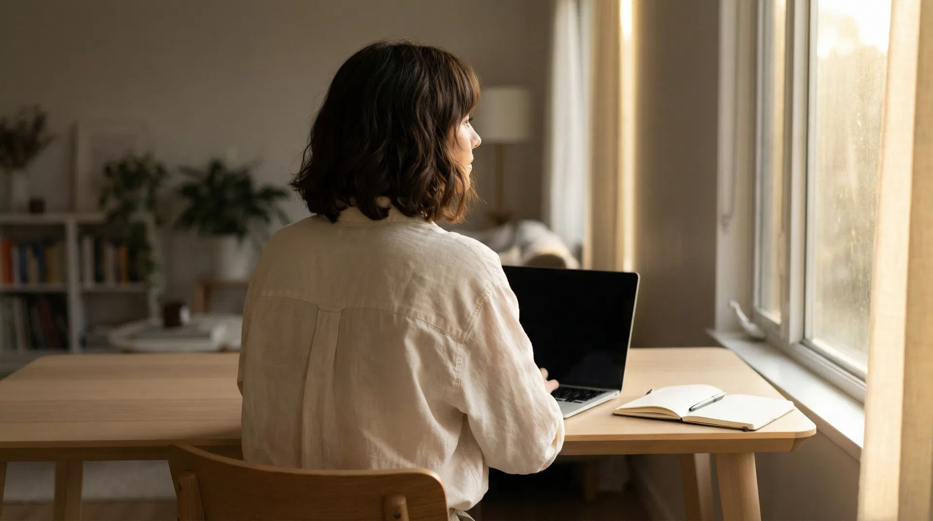 Mother working at desk with newborn nearby