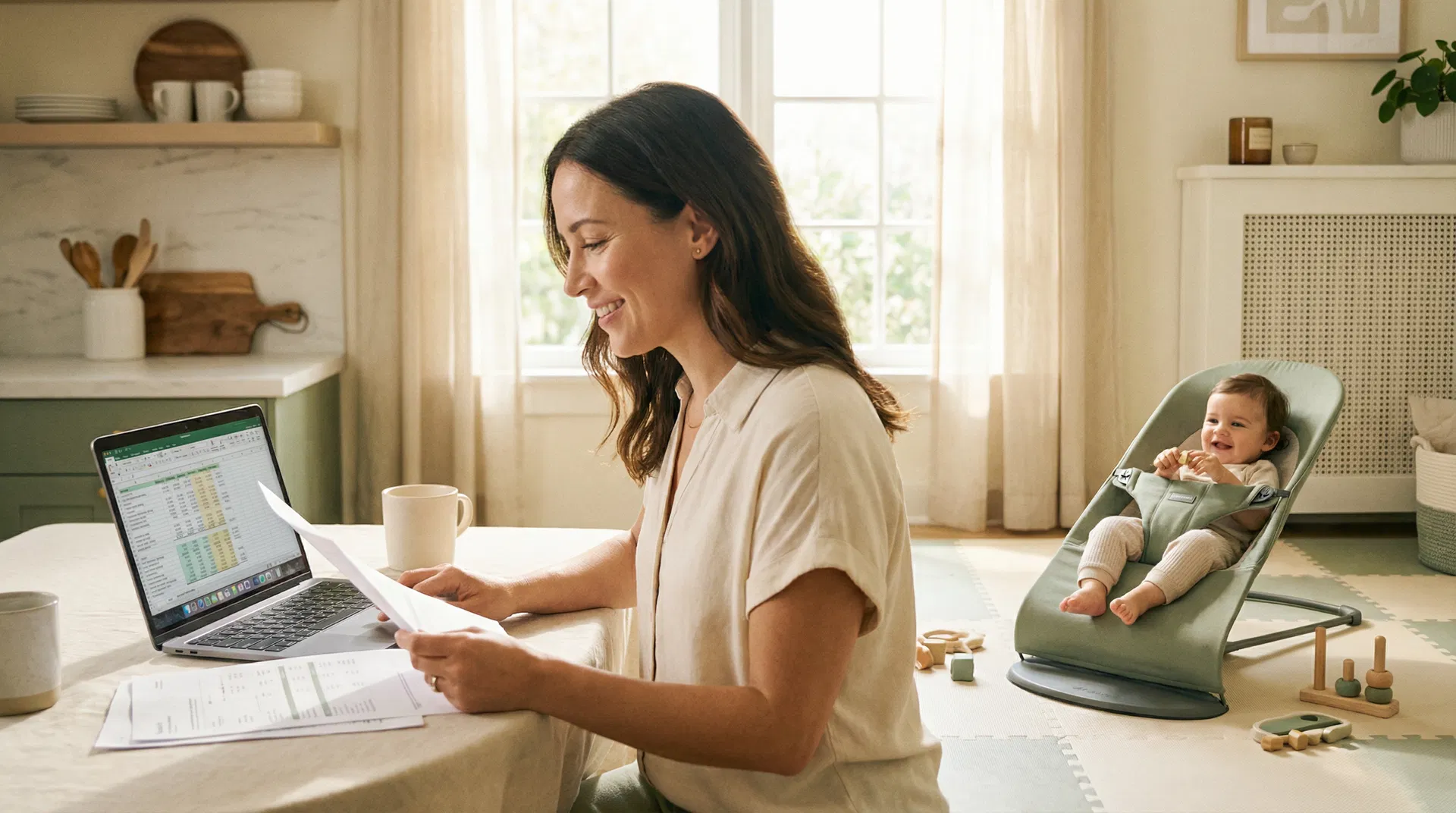 Parent reviewing finances with child nearby