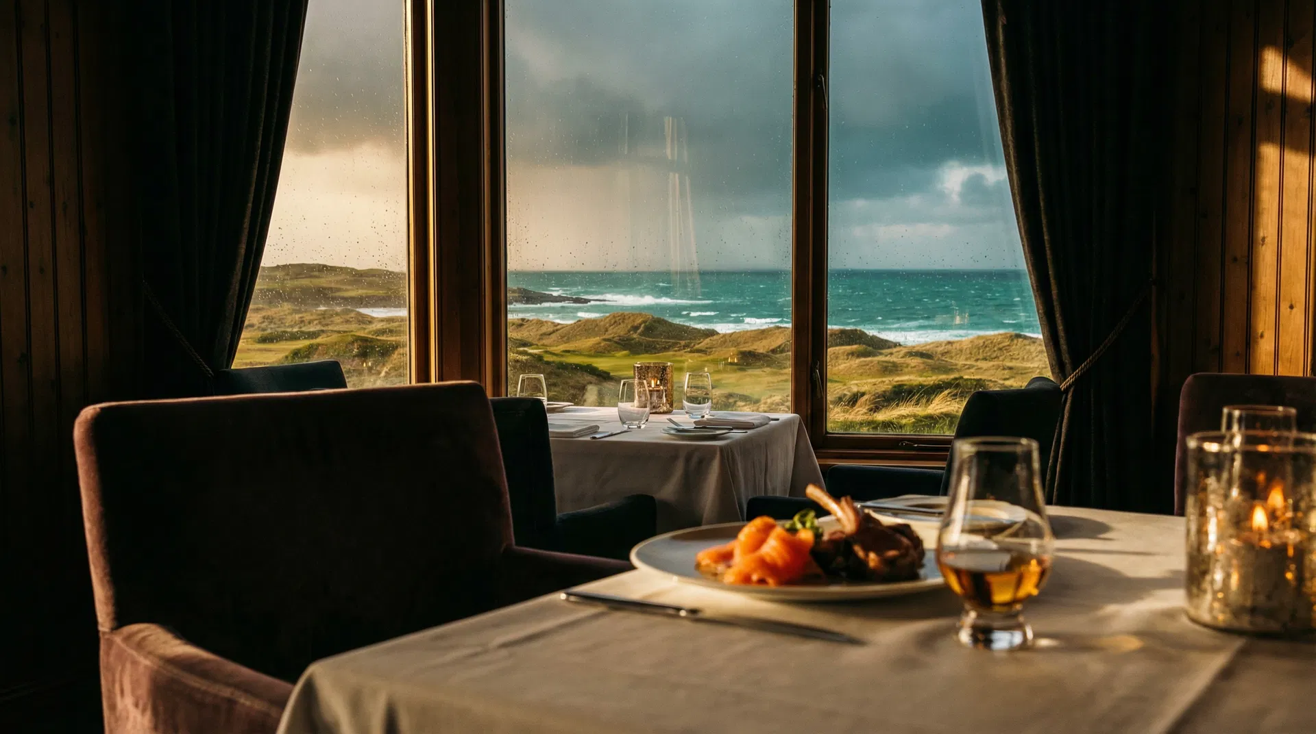 Fine dining at The Machrie overlooking the links golf course and Atlantic Ocean
