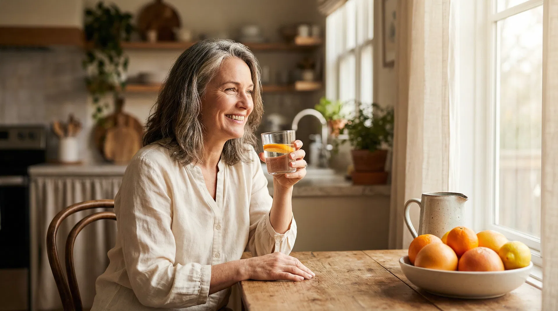 Woman over 40 enjoying her morning routine with citrus