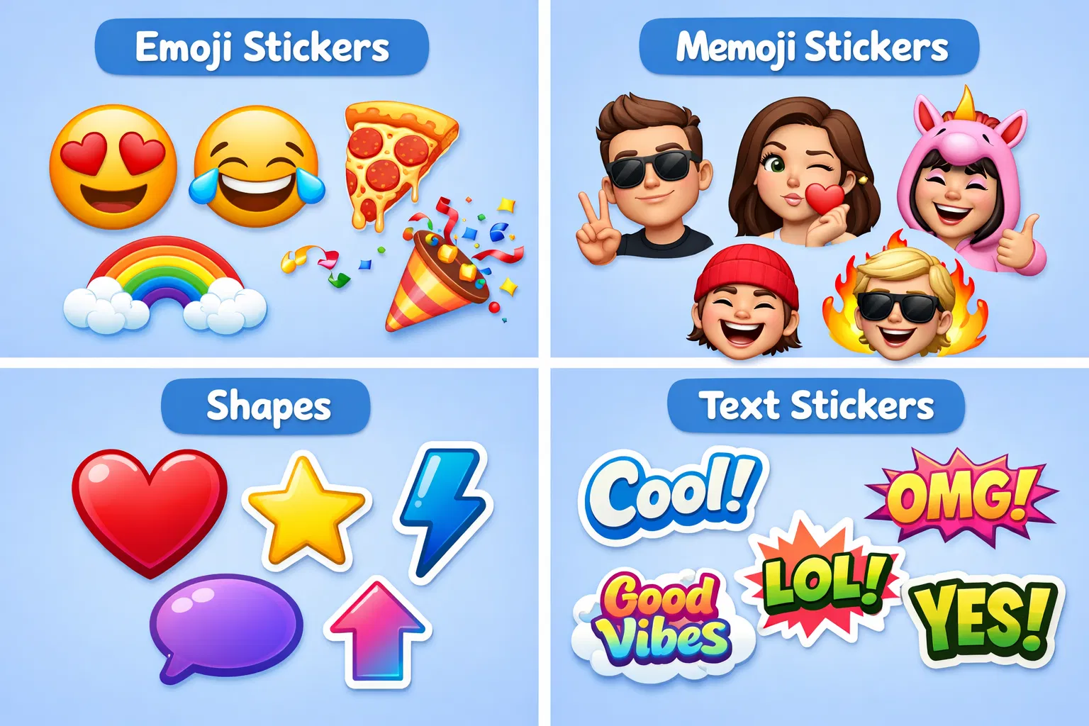 Different iPhone sticker types: Emoji, Memoji, Shapes, and Text stickers