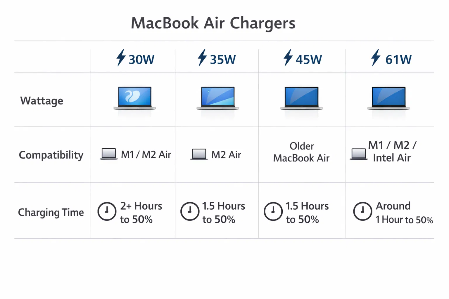 MacBook Air charger comparison: 30W vs 35W vs 45W vs 61W