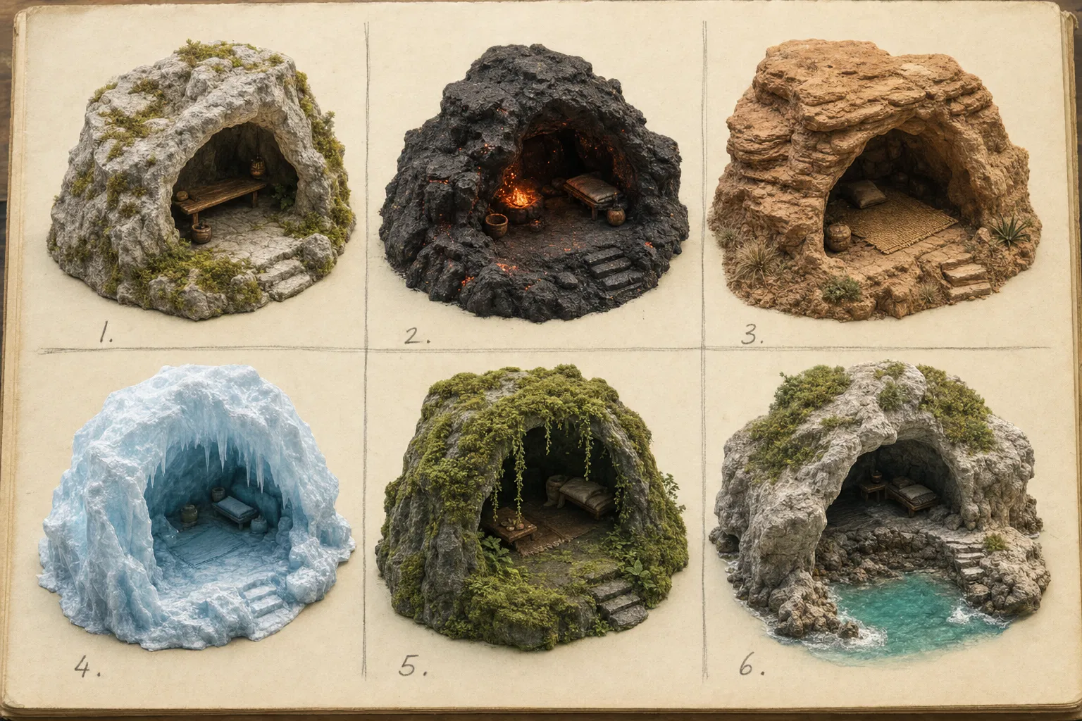 Six AI-generated variants of the cave shelter on a journal page