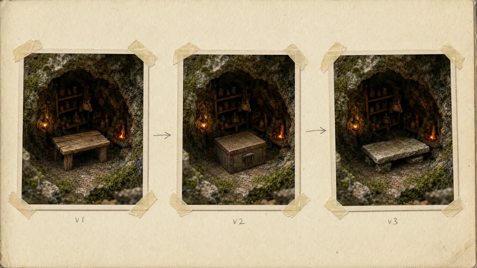 Three AI-generated reference variations for the cave-shelter interior