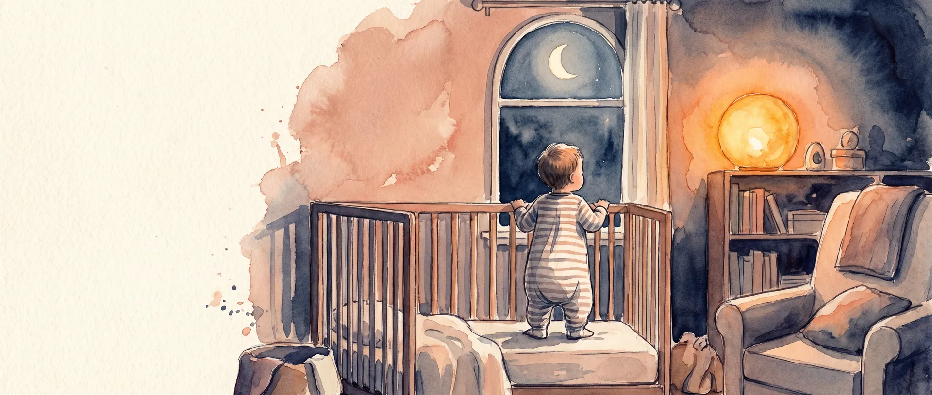 Watercolor illustration of a toddler standing in a crib looking out a nursery window toward a crescent moon