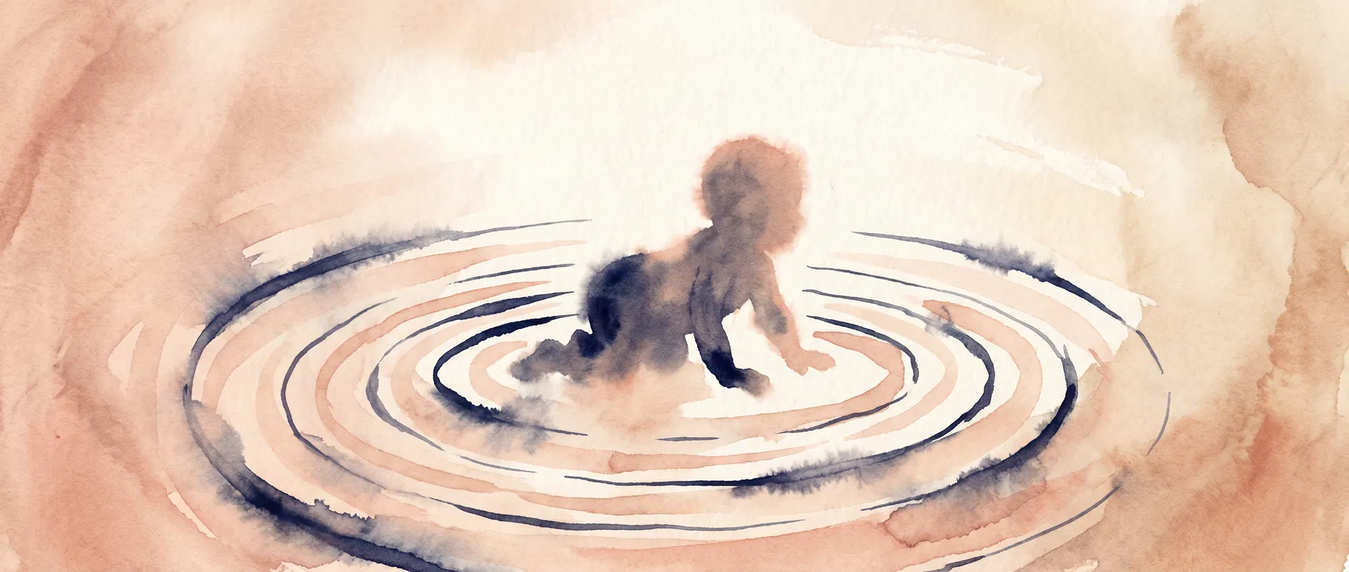 Watercolor illustration of a crawling baby surrounded by concentric ripples, representing the 8-month developmental leap