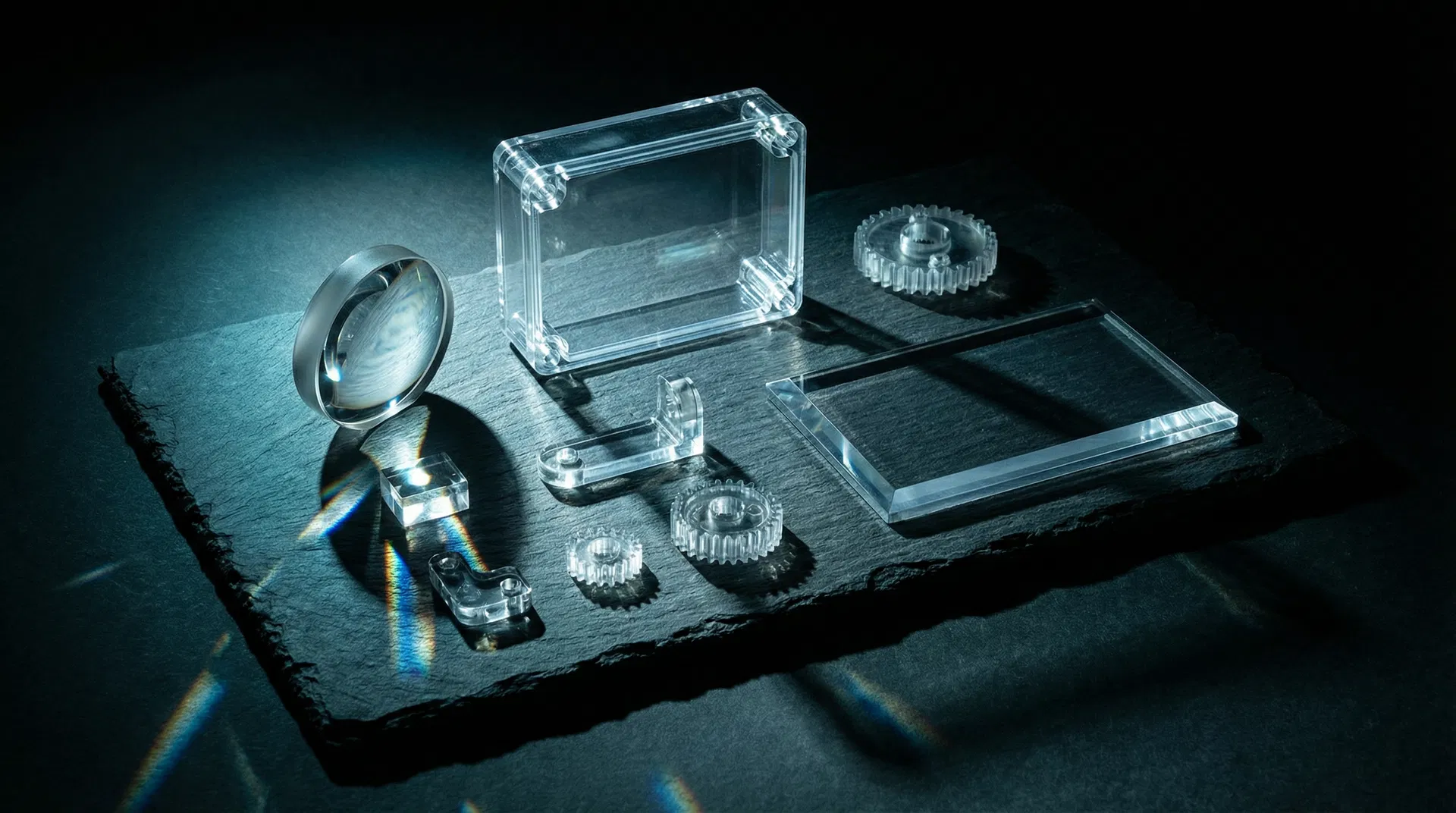 Representative collection of clear CNC machined plastic parts