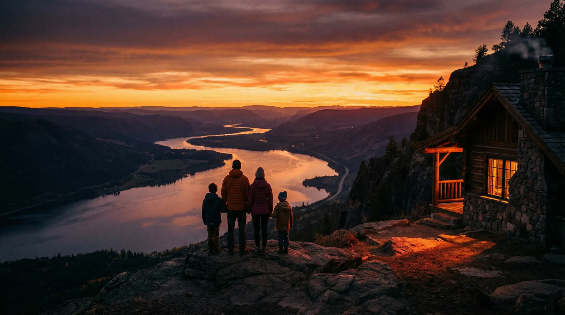 Family silhouetted at mountain overlook at golden hour, rustic cabin glowing behind them