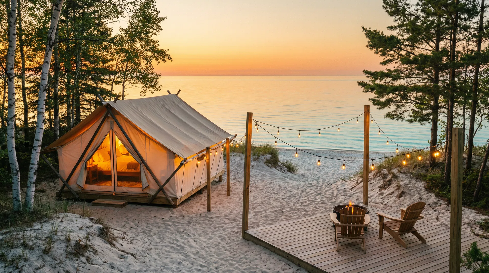 Luxury glamping tent at golden hour