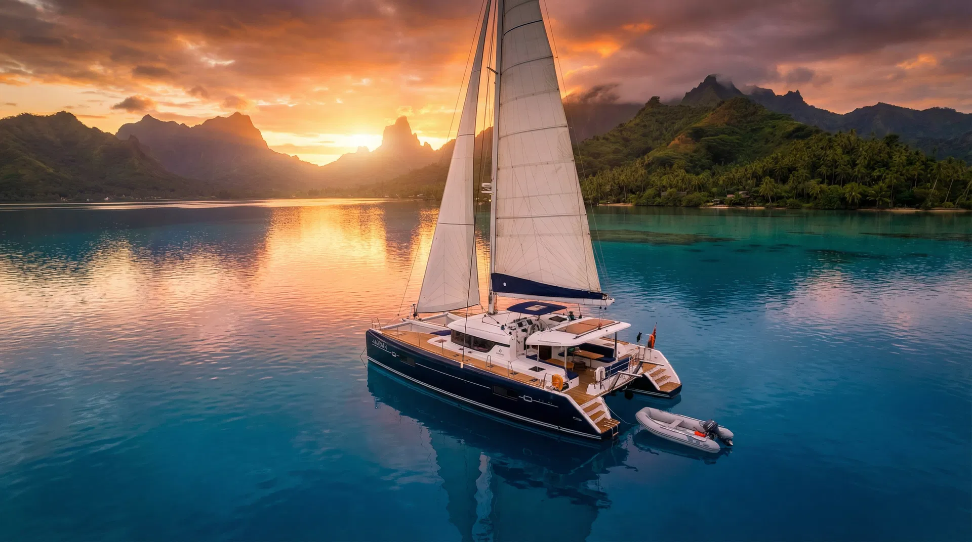 Catamaran at golden hour on open water