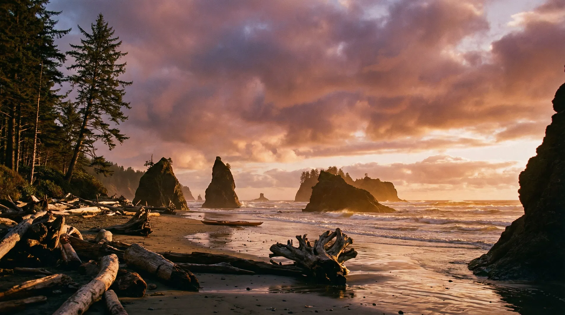 Coastal beach scene at dusk