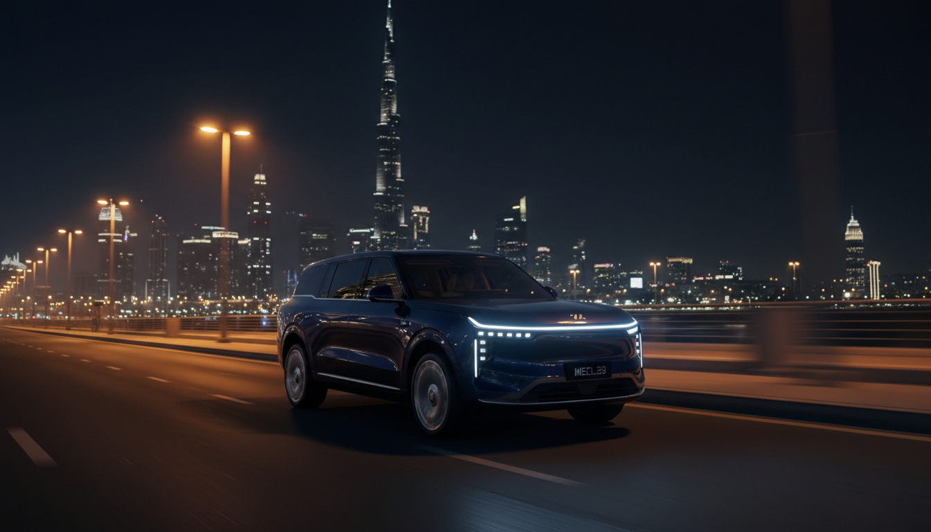 MASTER BASE:
Ultra-photoreal cinematic automotive commercial frame of IM LS9 in Dubai, realistic pro