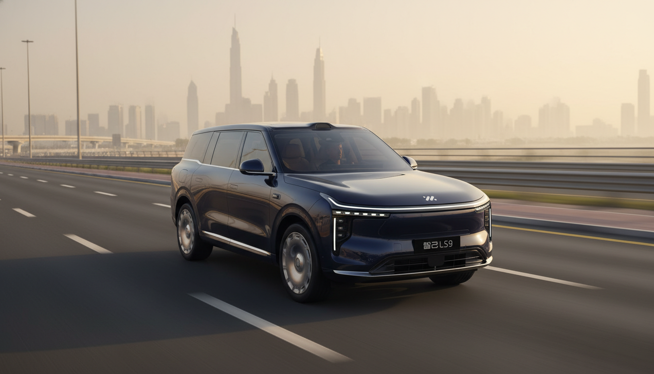 MASTER BASE:
Ultra-photoreal cinematic automotive commercial frame of IM LS9 in Dubai, realistic pro